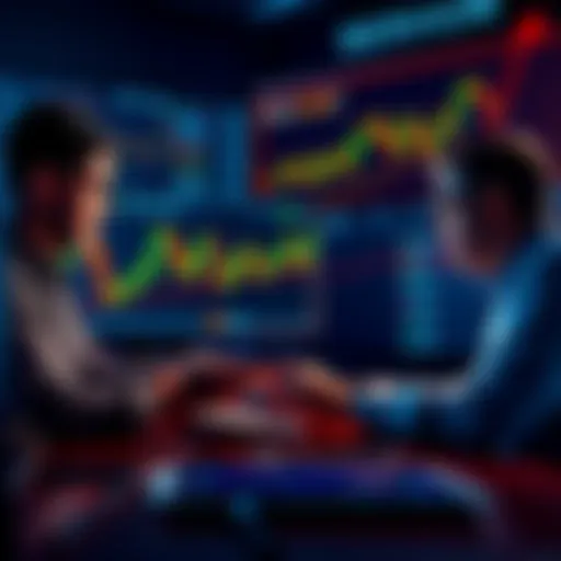 A group of investors analyzing stock charts, focusing on sudden price drops and strategizing their buying approach, with graphs showing moving averages in the background.