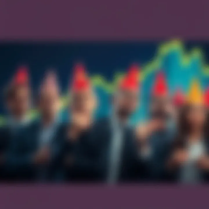 A group of concerned investors looking puzzled while holding party hats, with a stock chart showing a downward trend in the background