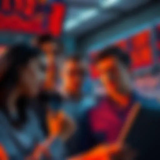 A group of people looking worried while checking their financial screens showing red numbers
