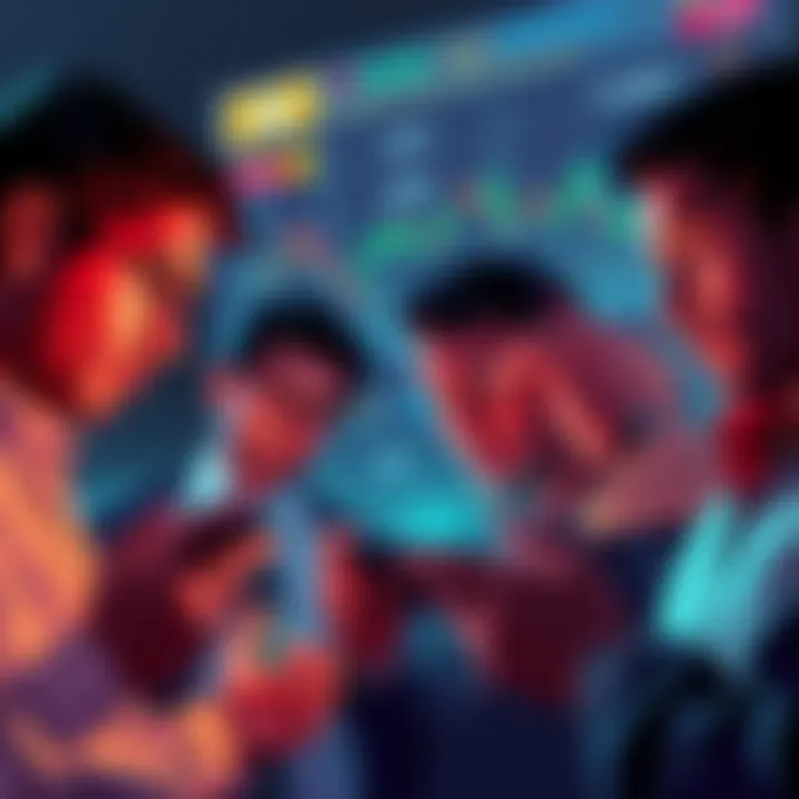 A worried group of people looking at their phones showing financial charts, indicating losses in cryptocurrency investments, with a headline about Trump’s crypto coin saga in the background.