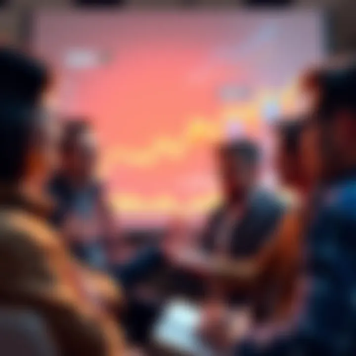 Investors Excited About DCA Strategies A group of investors discussing Dollar Cost Averaging strategies with charts and graphs in the background