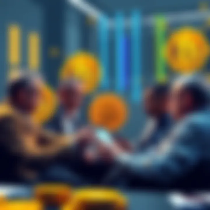 Investors Discuss Bitcoin Strategies Group of investors discussing strategies for Bitcoin investments after purchasing at high price