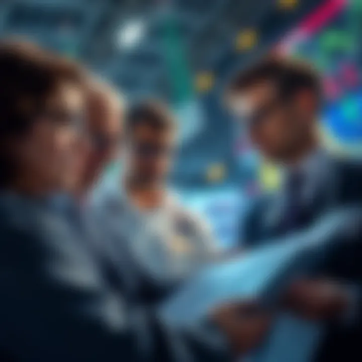 A group of investors studying market data and charts, looking contemplative about future trends.