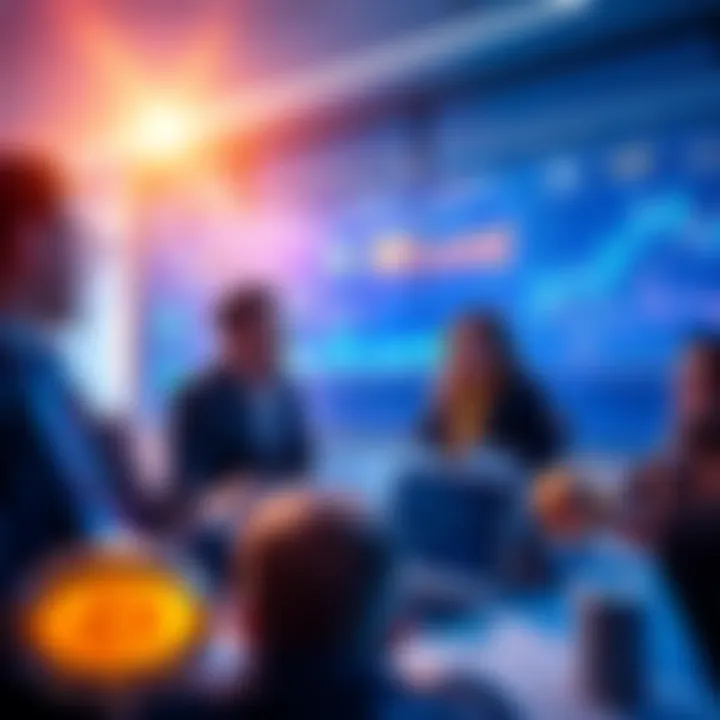 A group of investors discussing and analyzing various cryptocurrencies in a bright, modern setting with charts and graphs in the background.