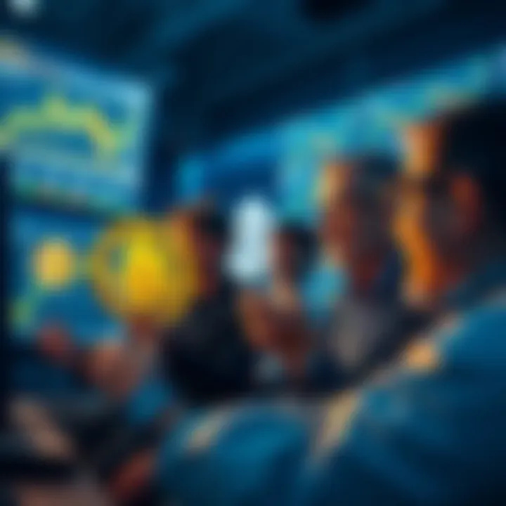A group of investors looking at screens showing Pi's market trends and discussing their long-term strategies despite recent value drops.