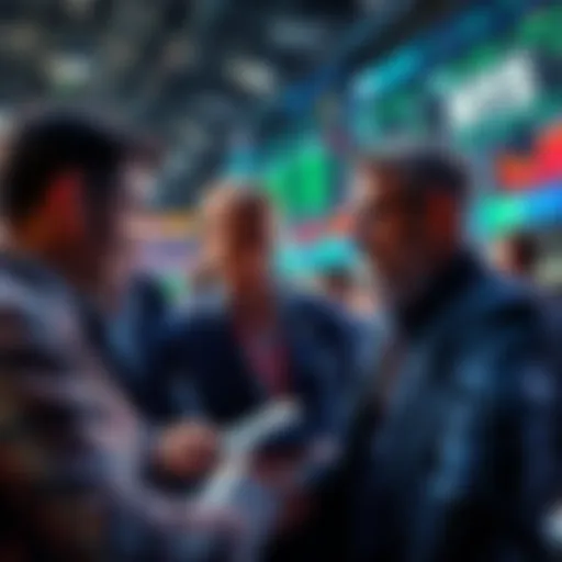 A group of investors discussing strategies during a market dip, focused on holding and adding to their positions for future gains.