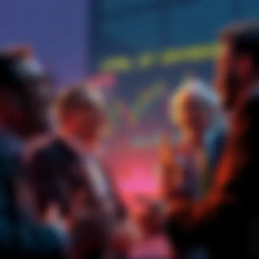A group of investors laughing at a chart showing plummeting crypto values with absurd token names