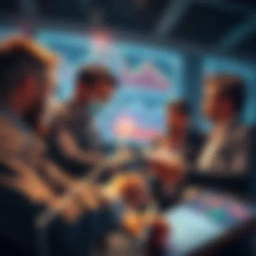 A group of investors analyzing price charts with downward trends, discussing strategies for accumulation during market drops.