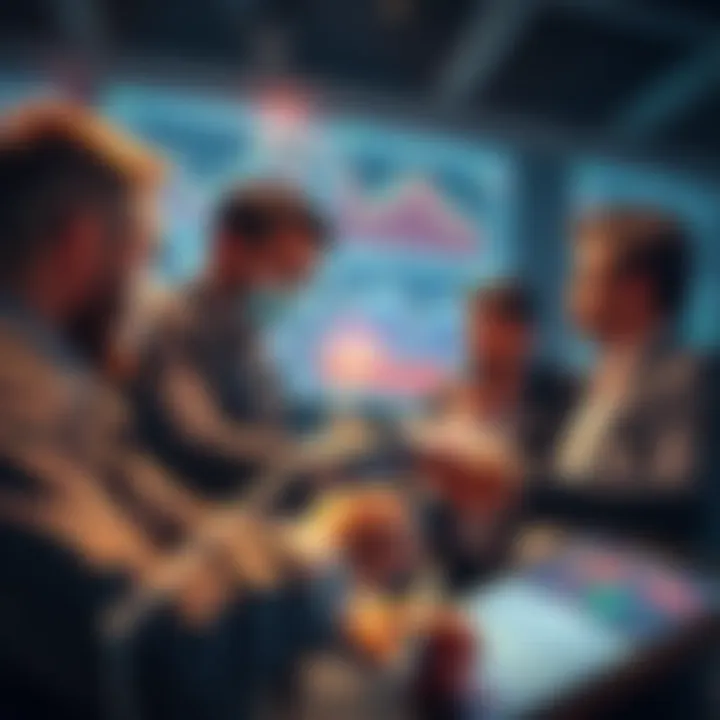 A group of investors analyzing price charts with downward trends, discussing strategies for accumulation during market drops.