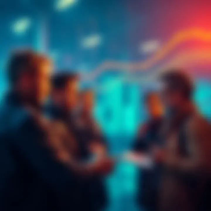 Group of people discussing cryptocurrency purchases as prices drop below 10 cents