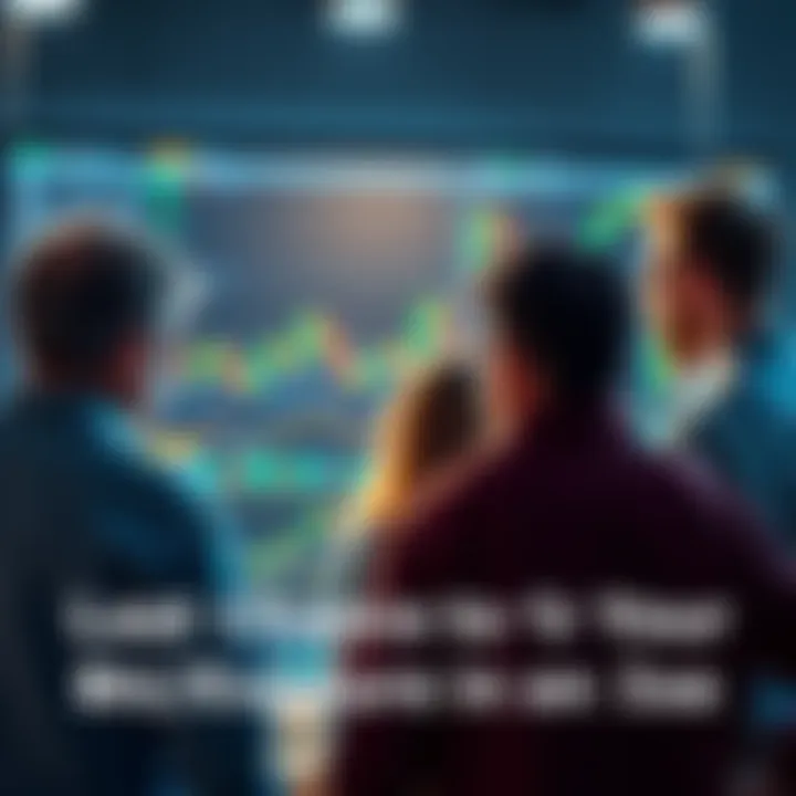 A group of people reviewing BTC and ETH investment options in front of a computer screen showing price charts