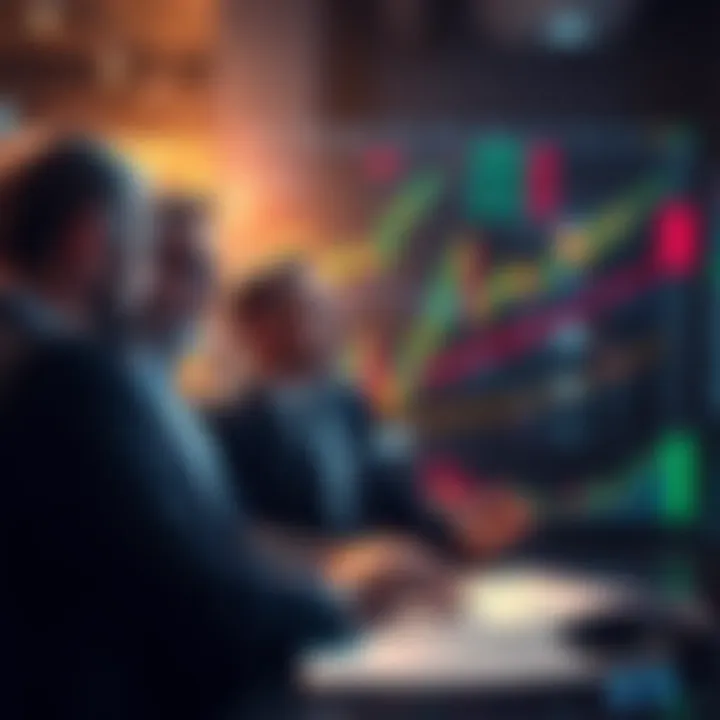 Group of investors discussing strategies while looking at stock market charts and graphs, showing a sense of optimism despite market challenges.