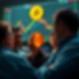 A group of investors looking at a Bitcoin chart displaying declining prices, showing concern and contemplation about their investments.