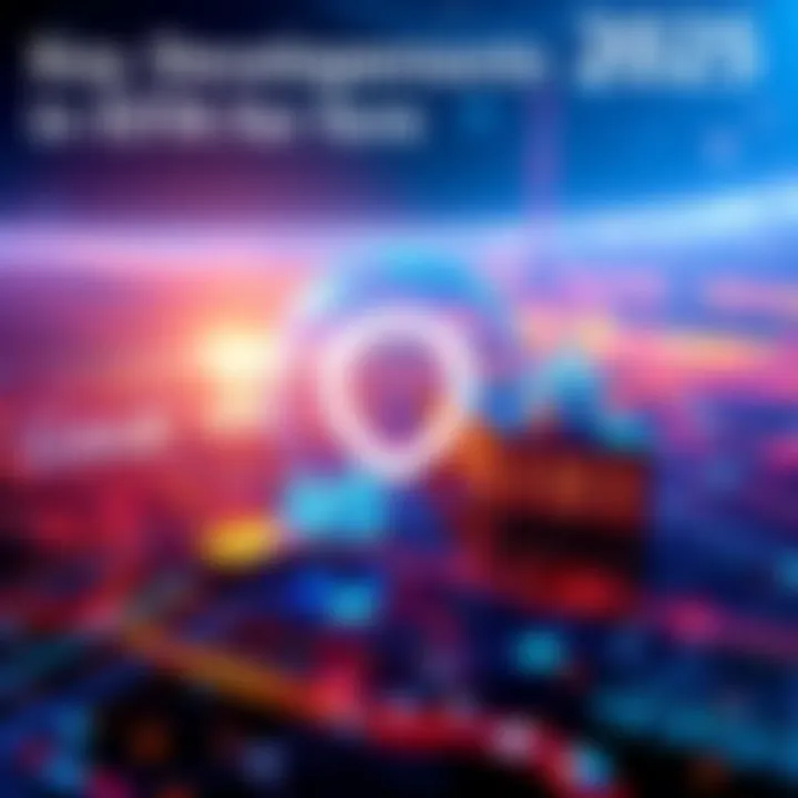 A visual representation of IOTA's major developments in 2025, featuring technological elements like blockchain and digital networks.