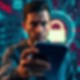 A worried person holding an iPhone, with a digital security lock symbol in the background.