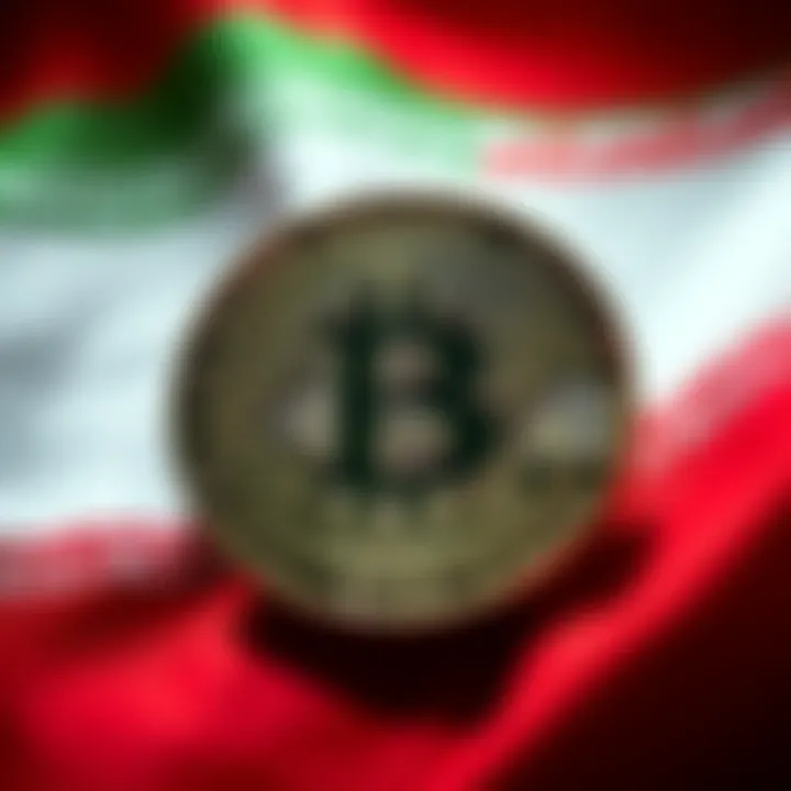 Bitcoin symbol in front of the Iranian flag, representing Iran's use of cryptocurrency to bypass sanctions