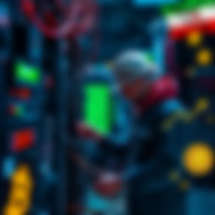 A miner working on a Bitcoin mining rig in Iran, with graphics showing Bitcoin and U.S. economic symbols in the background.