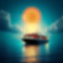 A cargo ship on the water with a Bitcoin symbol in the sky, representing Iran's new shipping system to bypass SWIFT.