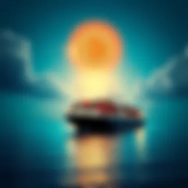 A cargo ship on the water with a Bitcoin symbol in the sky, representing Iran's new shipping system to bypass SWIFT.