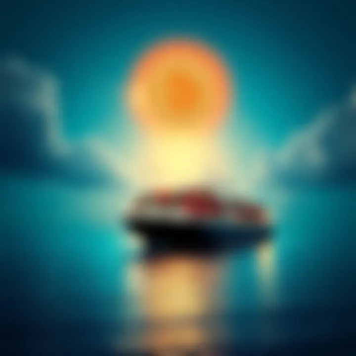 A cargo ship on the water with a Bitcoin symbol in the sky, representing Iran's new shipping system to bypass SWIFT.