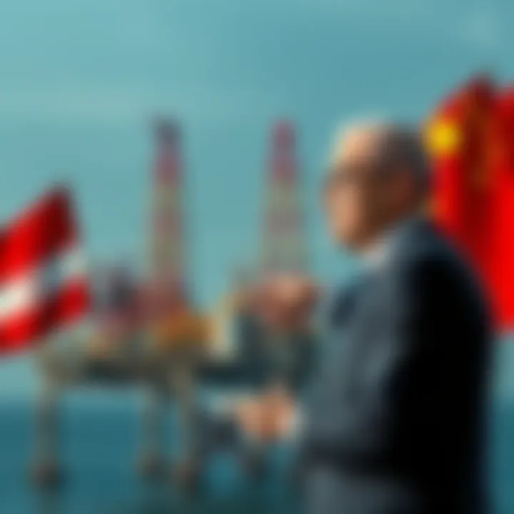 A businessman discussing oil deals with a backdrop of an oil rig and flags of Iran and China
