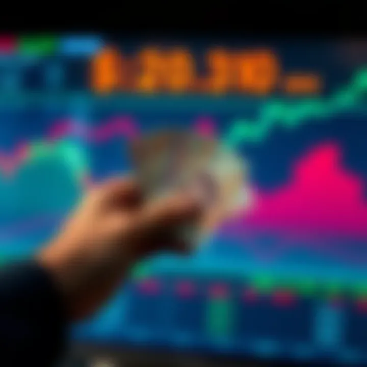 A hand holding Iranian Rials with a backdrop of a digital screen showing rising USD rates, illustrating the currency crisis.