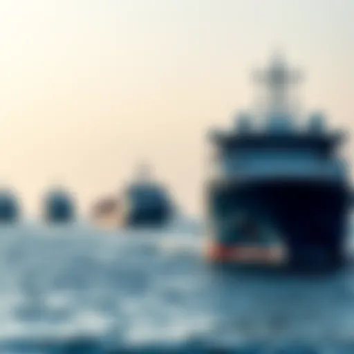 Cargo ships on the water in the Strait of Hormuz with an Iranian flag, illustrating the demand for cryptocurrency fees during a ceasefire.