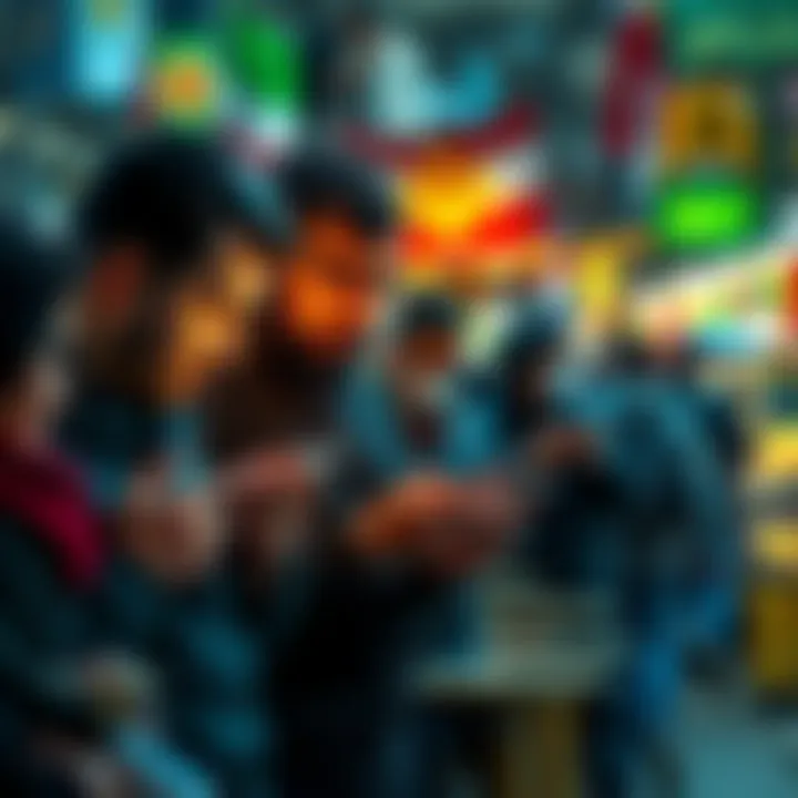 Iranians buying Bitcoin A group of Iranians purchasing Bitcoin on their smartphones during a busy street market, highlighting the rise of cryptocurrency use in the region.