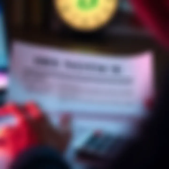 A close-up view of an IRS notice letter regarding cryptocurrency taxes, with a concerned person reviewing it and a calculator nearby