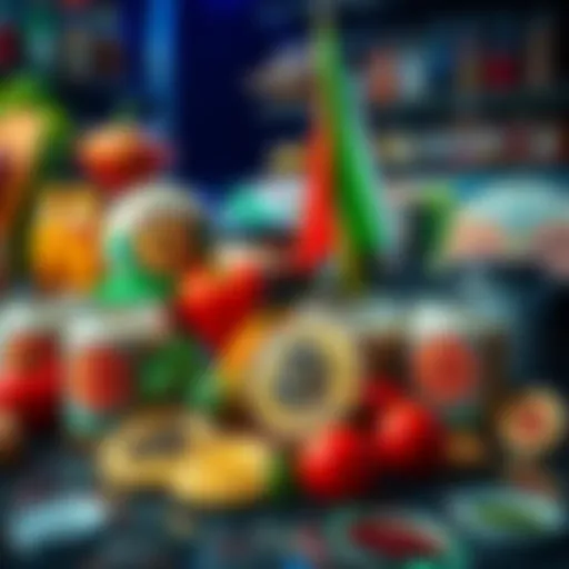 A display of premium Italian food products alongside Bitcoin symbols, showcasing a connection between gourmet cuisine and cryptocurrency enthusiasts.