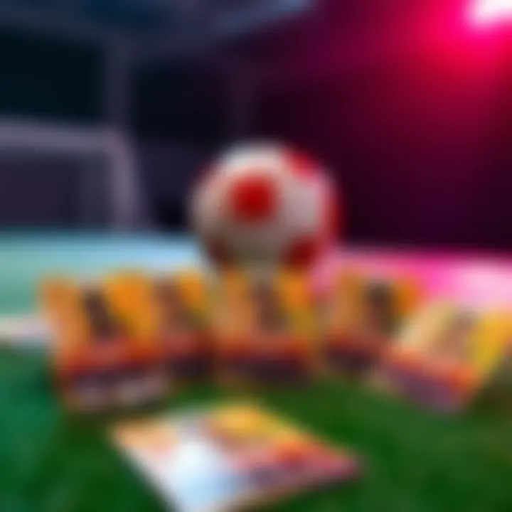 A collection of J League player cards laid out on a table with a soccer ball in the background.