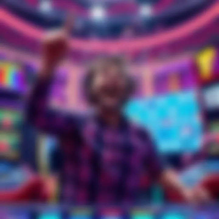 A joyful player celebrating after winning two jackpots in Wheel of Fortune, surrounded by flashing lights and confetti.