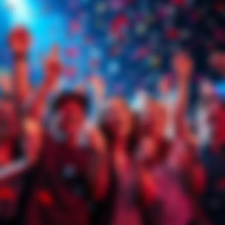 A group of excited people celebrating with confetti after winning a jackpot, showcasing joyful expressions and winning tickets.