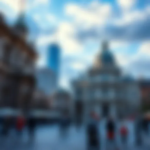 A picturesque view of Jackson Square, showcasing the landmark with people discussing its recent auction value of 24,460 AB and comparing it to traditional investments.