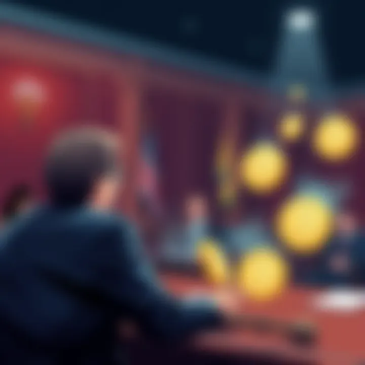 An illustration showing a courtroom scene with a judge, a lawyer representing Jane Street, and a representation of DeFi symbols like blockchain chains and UST coins, highlighting the legal battle over...