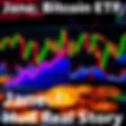 A graphic showing a downward trend in Bitcoin ETF holdings with a background of stock market charts and Bitcoin symbols