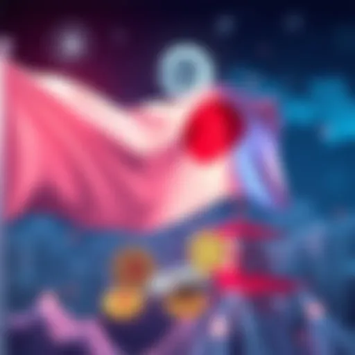 A symbolic illustration of Japan's regulatory role in cryptocurrency featuring the Japanese flag and digital currency icons like Bitcoin