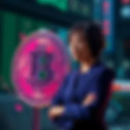 Japan Prime Minister Sanae Takaichi standing near a broken symbol of a cryptocurrency, looking concerned about the market's volatility.