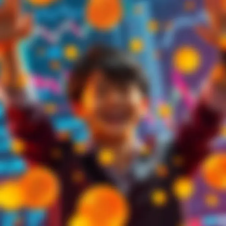 A young Japanese trader joyfully celebrating his financial success, surrounded by charts and Bitcoin symbols, reflecting his journey from $387K to $14M in trading gains.