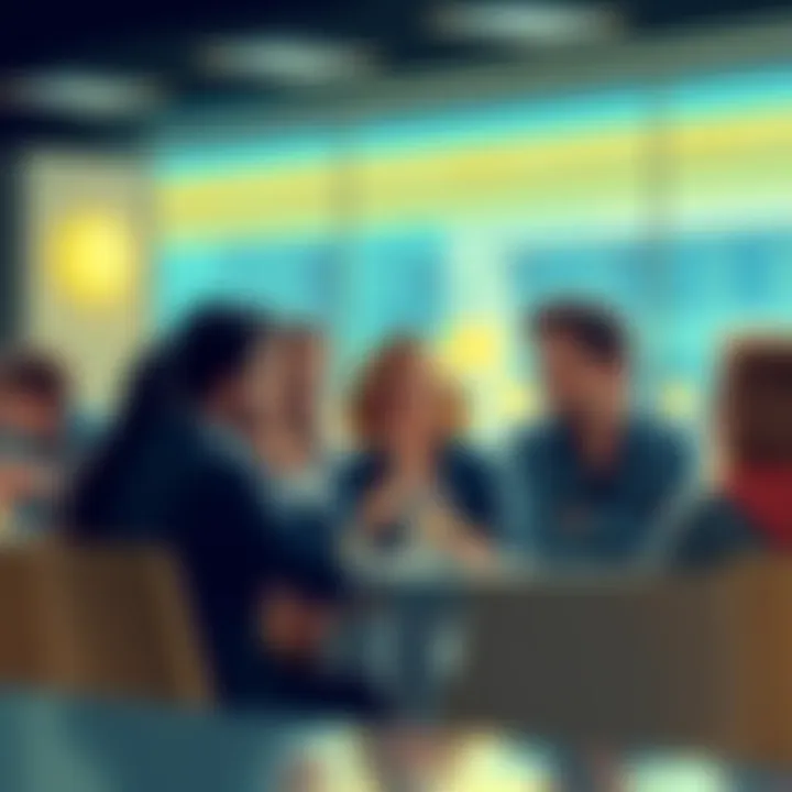 Group of people discussing jeecoin trading in a cafe, showing concern and curiosity.
