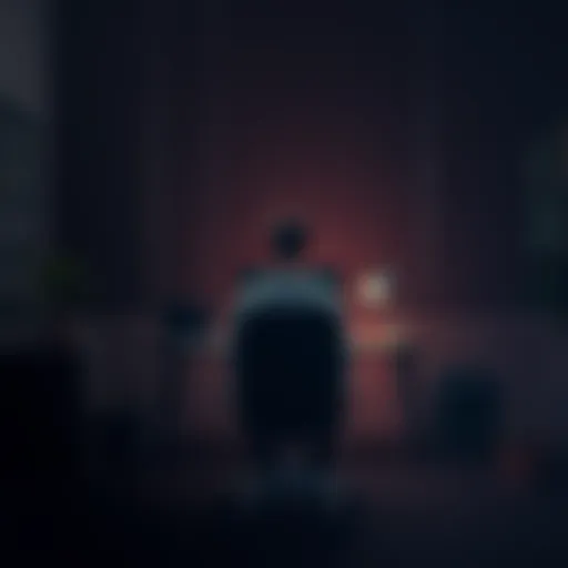 A somber scene representing mental health struggles, featuring a dimly lit office space with a computer and a chair facing away from the desk, symbolizing isolation and distress.