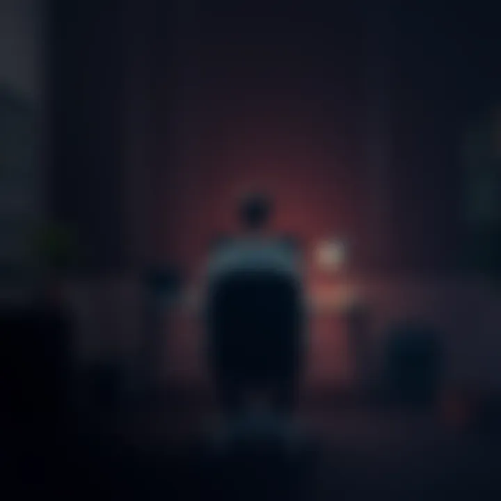 A somber scene representing mental health struggles, featuring a dimly lit office space with a computer and a chair facing away from the desk, symbolizing isolation and distress.