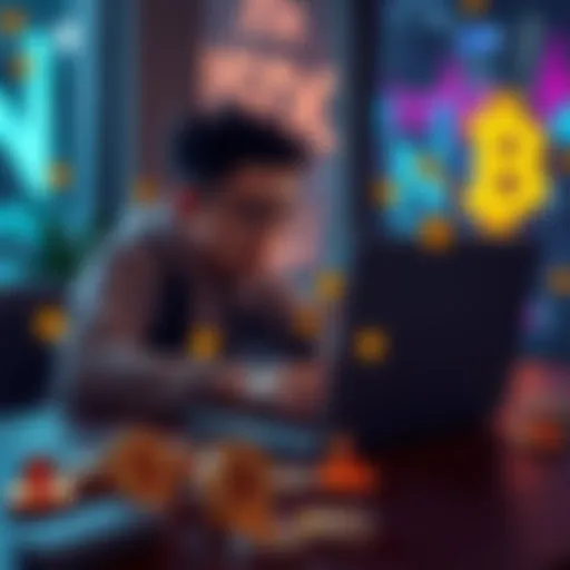 A person reviewing a job offer on a laptop with USDC cryptocurrency symbols around
