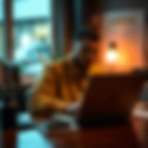 Person sitting at a desk with a laptop, writing an email for job assistance after losing bitcoin investments.