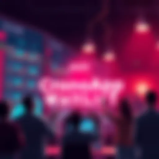 Graphic showing people excitedly signing up for CronosApp's trading platform waitlist, with symbols of stocks and cryptocurrency in background