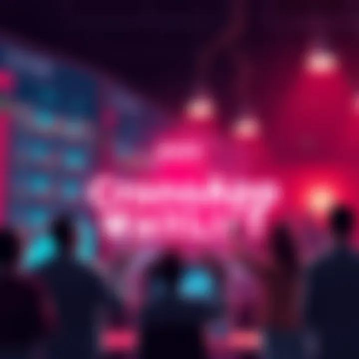 Graphic showing people excitedly signing up for CronosApp's trading platform waitlist, with symbols of stocks and cryptocurrency in background