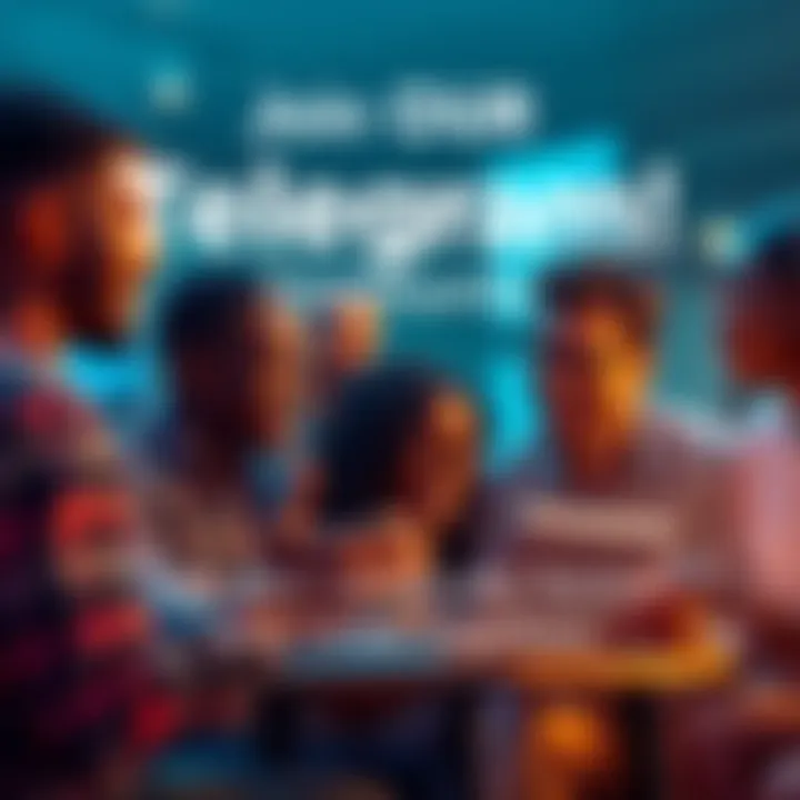A diverse group of people engaging in a lively chat on Telegram about cryptocurrency