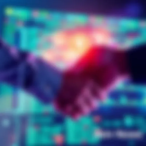Two people shaking hands with a code on a screen in the background, symbolizing collaboration and shared rewards.