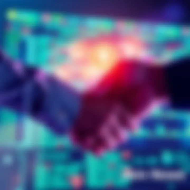Join Together for Mutual Benefits Two people shaking hands with a code on a screen in the background, symbolizing collaboration and shared rewards.