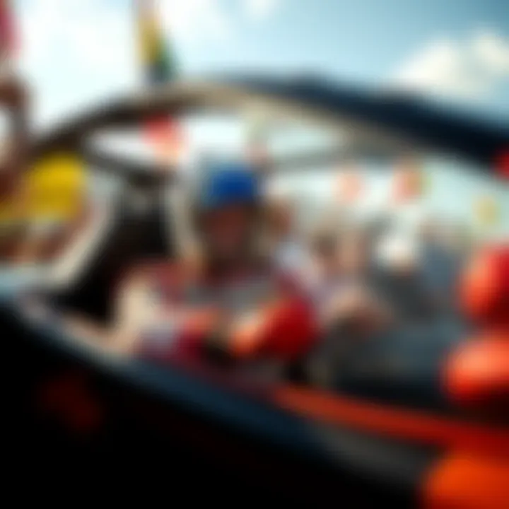 Josh Wise in a race car, surrounded by enthusiastic fans waving flags and signs